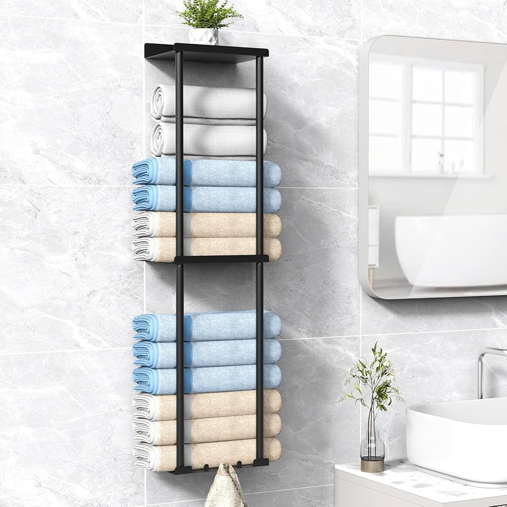 Towel Rack for Bathroom, Wall Mounted Bath Towel Holder Storage Organizer for Rolled Towels, Vert... | Amazon (US)