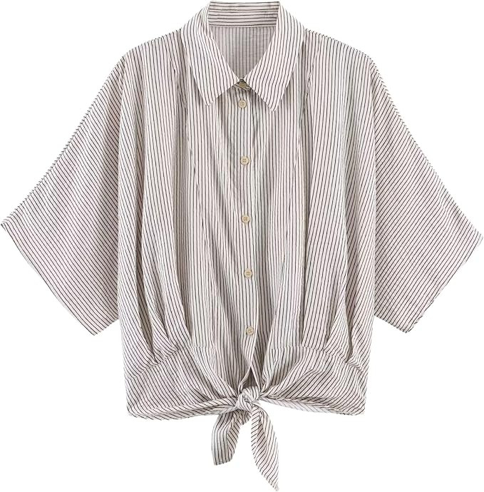 Chevara Women’s Striped Button Down Shirt Short Sleeve Tie Front Office Blouse Shirts Tops | Amazon (US)