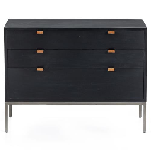 Theodore Industrial Loft Black Wood Grey Iron Leather Pulls 3 Drawer Wide Nighstand | Kathy Kuo Home