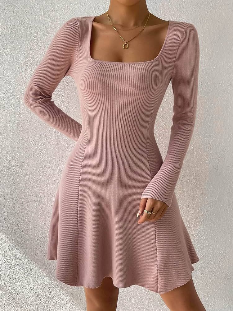 CULOLA Women's Square Neck Ribbed Knit Short Sweater Dress Long Sleeve | Amazon (US)