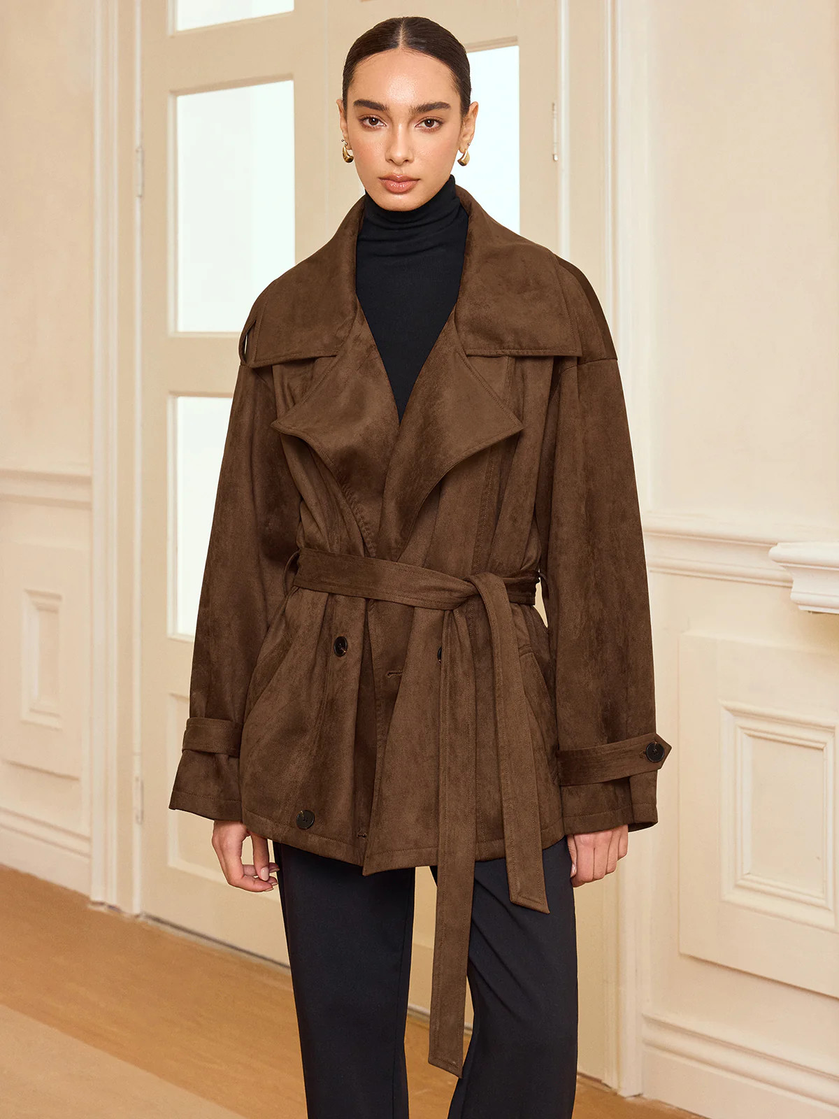 Lapel Suede Effect Belted Trench Coat | Commense