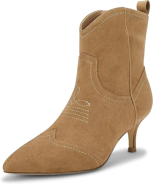 Coutgo Womens Pointed Toe Ankle Boots Kitten Heel Side Zipper Booties Faux Leather Western Cowgir... | Amazon (US)