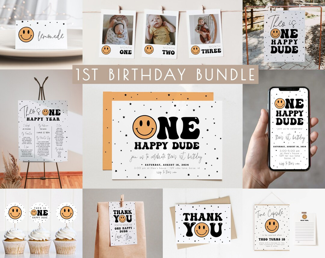 ONE Happy Dude Birthday Bundle, Editable One Happy Dude Invitation, Smiley Face 1st Birthday Temp... | Etsy (US)