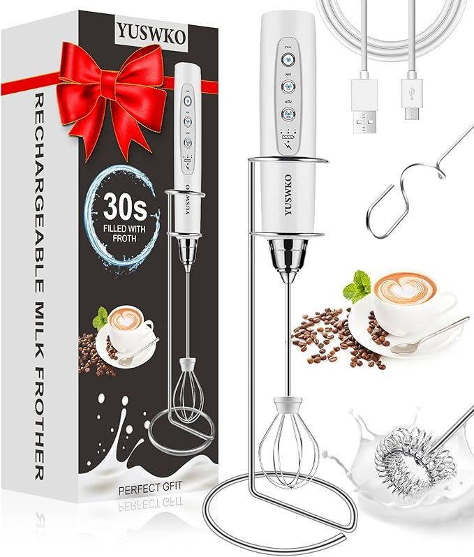 YUSWKO Milk Frother Handheld for Coffee with Stand, Rechargeable Drink Mixer with 3 Heads 3 Speed... | Amazon (US)