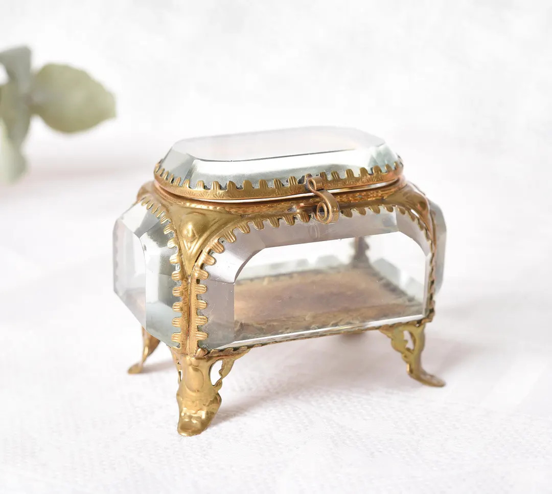 AUTHENTIC 19th C. French Antique Jewelry Casket - Brass & Beveled Glass Trinket Box | Etsy (US)