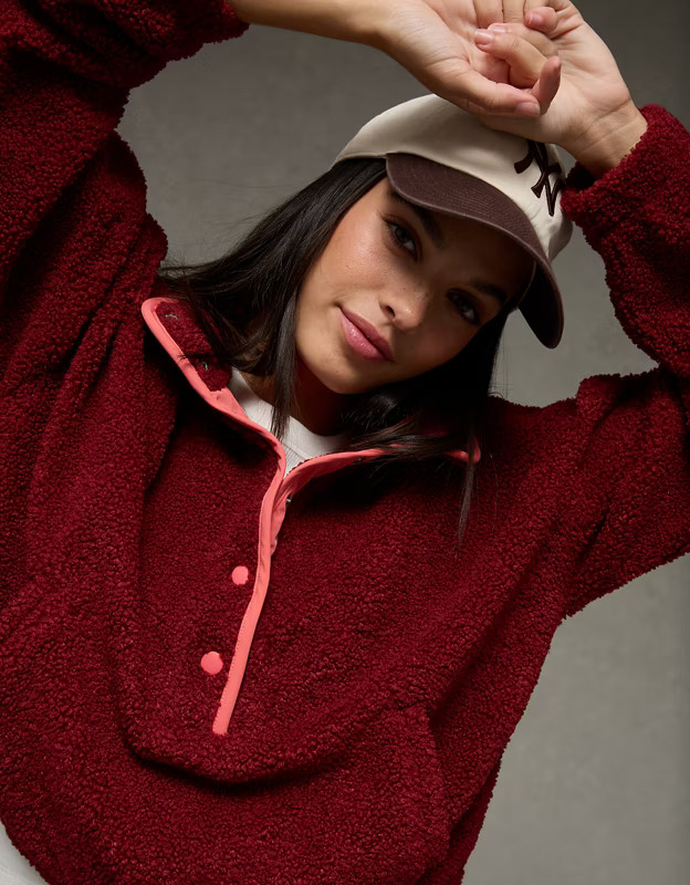 AE Relaxed Sherpa Fleece Henley Sweatshirt | American Eagle Outfitters (US & CA)