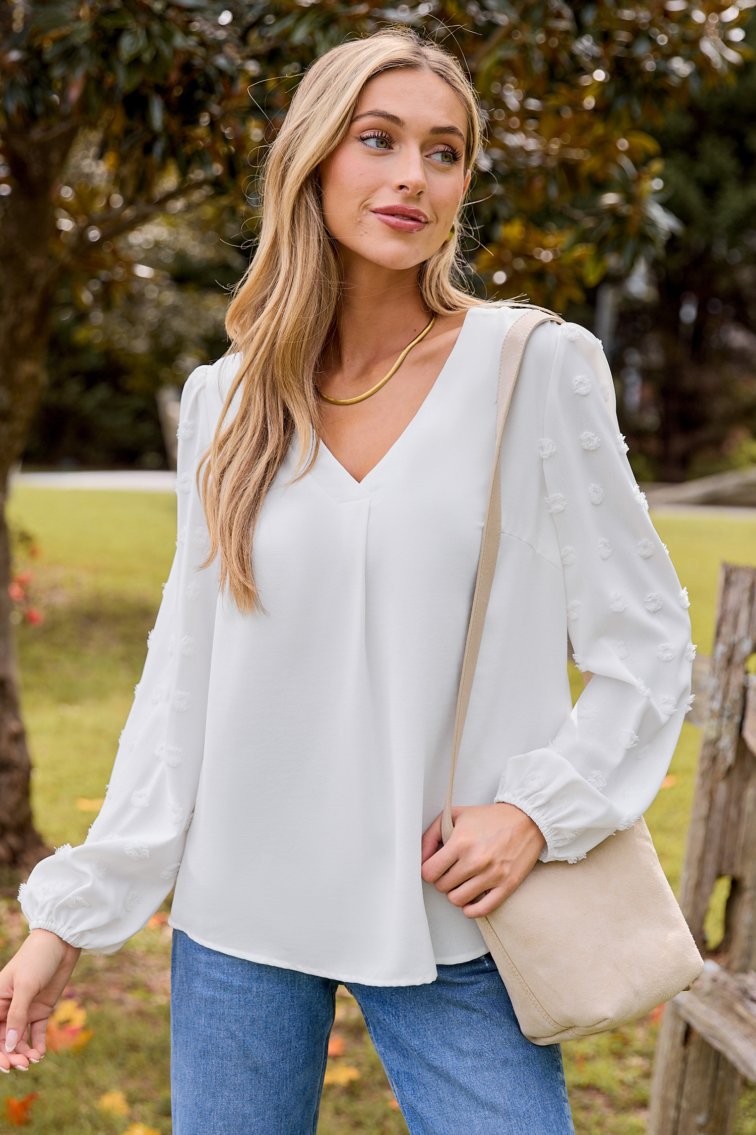 White V-Neck Long Sleeve Blouse - S | Cupshe US