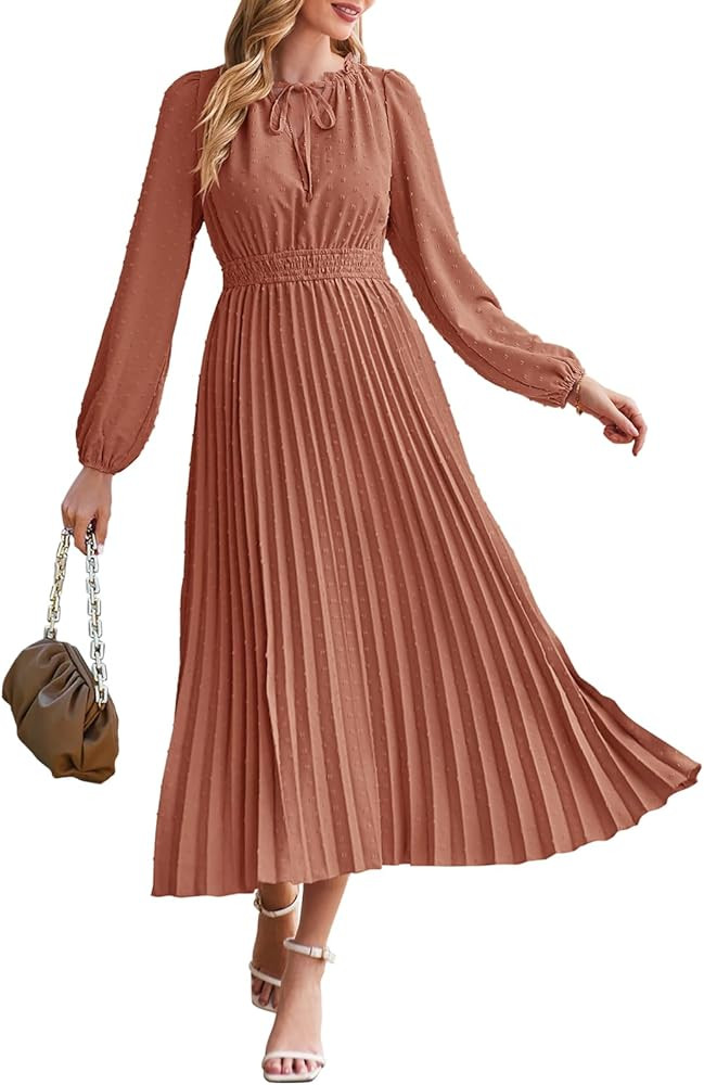 MEROKEETY Women's 2023 Long Puff Sleeve Tie V Neck Dress Pleated Swiss Dot A Line Maxi Dresses | Amazon (US)