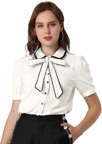 Allegra K Women's Peter Pan Collar Puff Short Sleeve Tie Neck Work Tops | Amazon (UK)