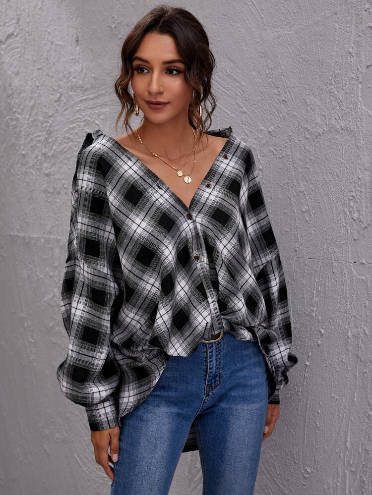SHEIN Plaid Twist-Front Drop Shoulder Shirt | SHEIN