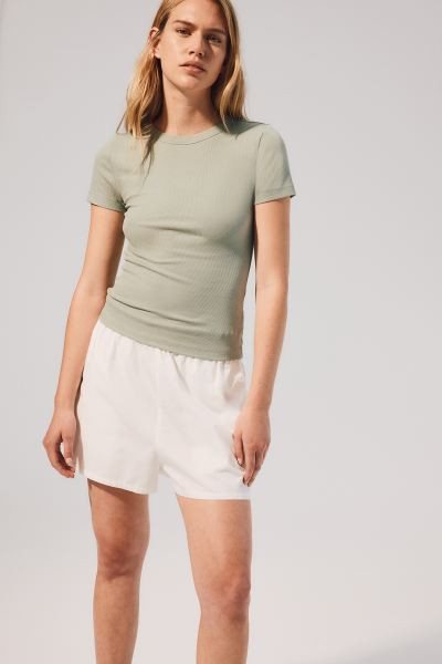Ribbed Modal-blend T-shirt - Round Neck - Short sleeve - Light khaki green - Ladies | H&M US | H&M (US + CA)