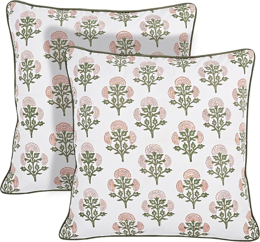 Ridhi Mughal Buta Peach Block Print Cotton Pillow Cover 20x20 Inch Set of 2 | Amazon (US)