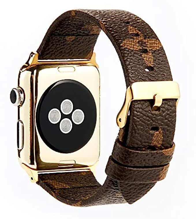 GOKE Brown Flower LV Printed Luxury PU Vegan Leather Watch Band Strap Compatible for 42mm Apple Watc | Amazon (US)