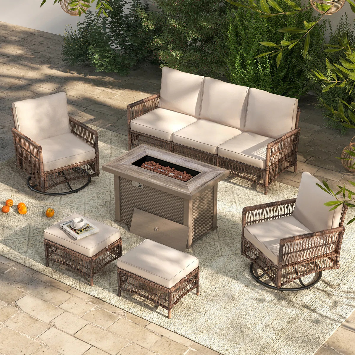 Ashjian Outdoor Wicker Patio Set with Fire Pit Table & Swivel Chairs | Wayfair North America