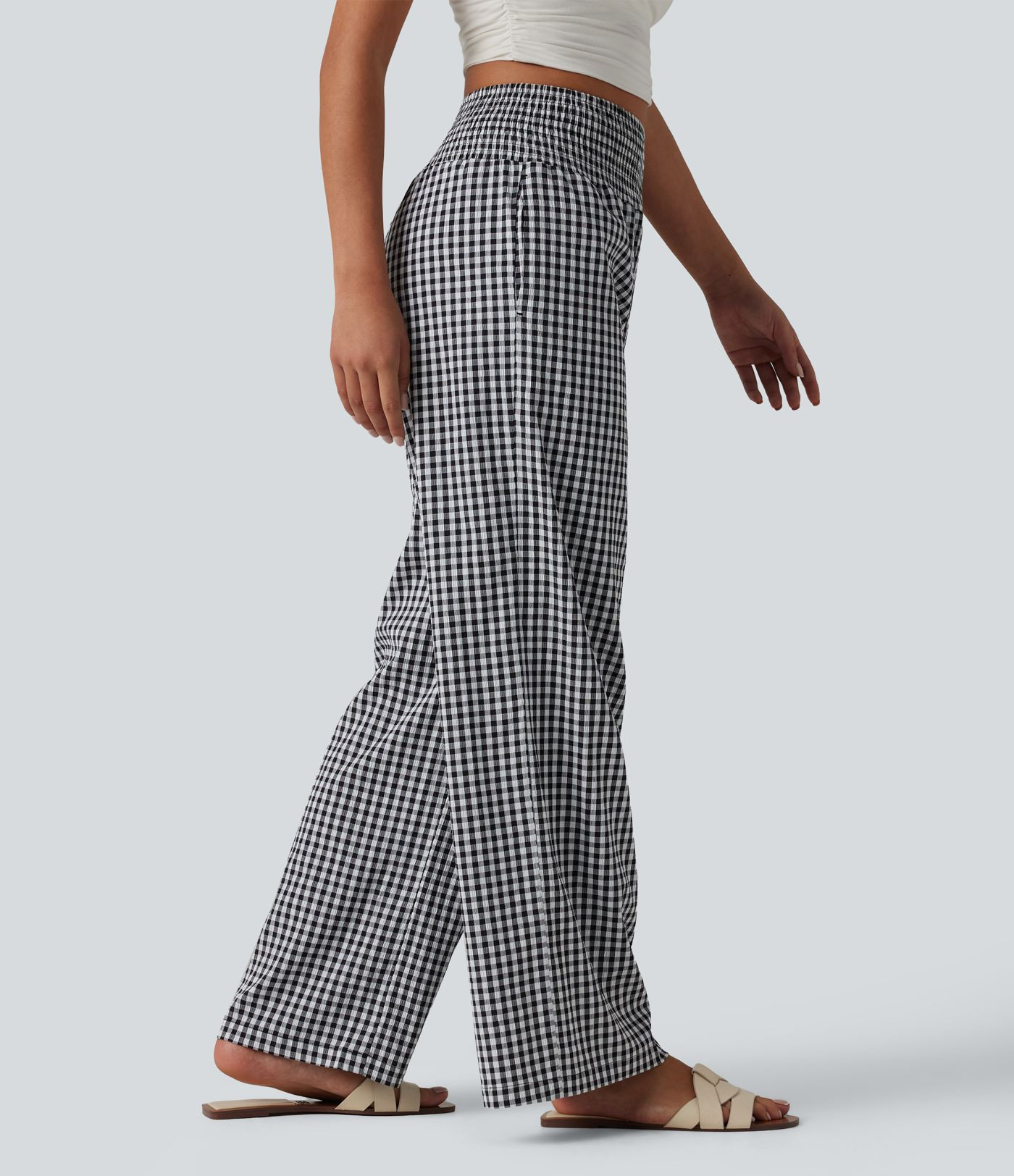 Women’s High Waisted Shirred Gingham Casual Baggy Pants with Pockets - Halara | HALARA