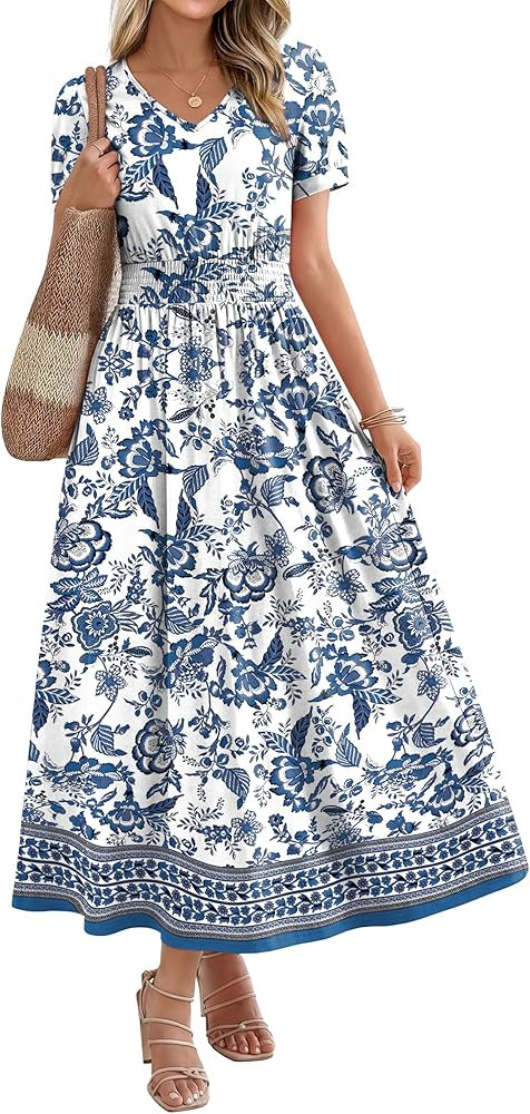 OFEEFAN Maxi Dresses for Women V Neck Ladies Midi Long Dress A Line Smocked Waisted Casual Summer... | Amazon (US)