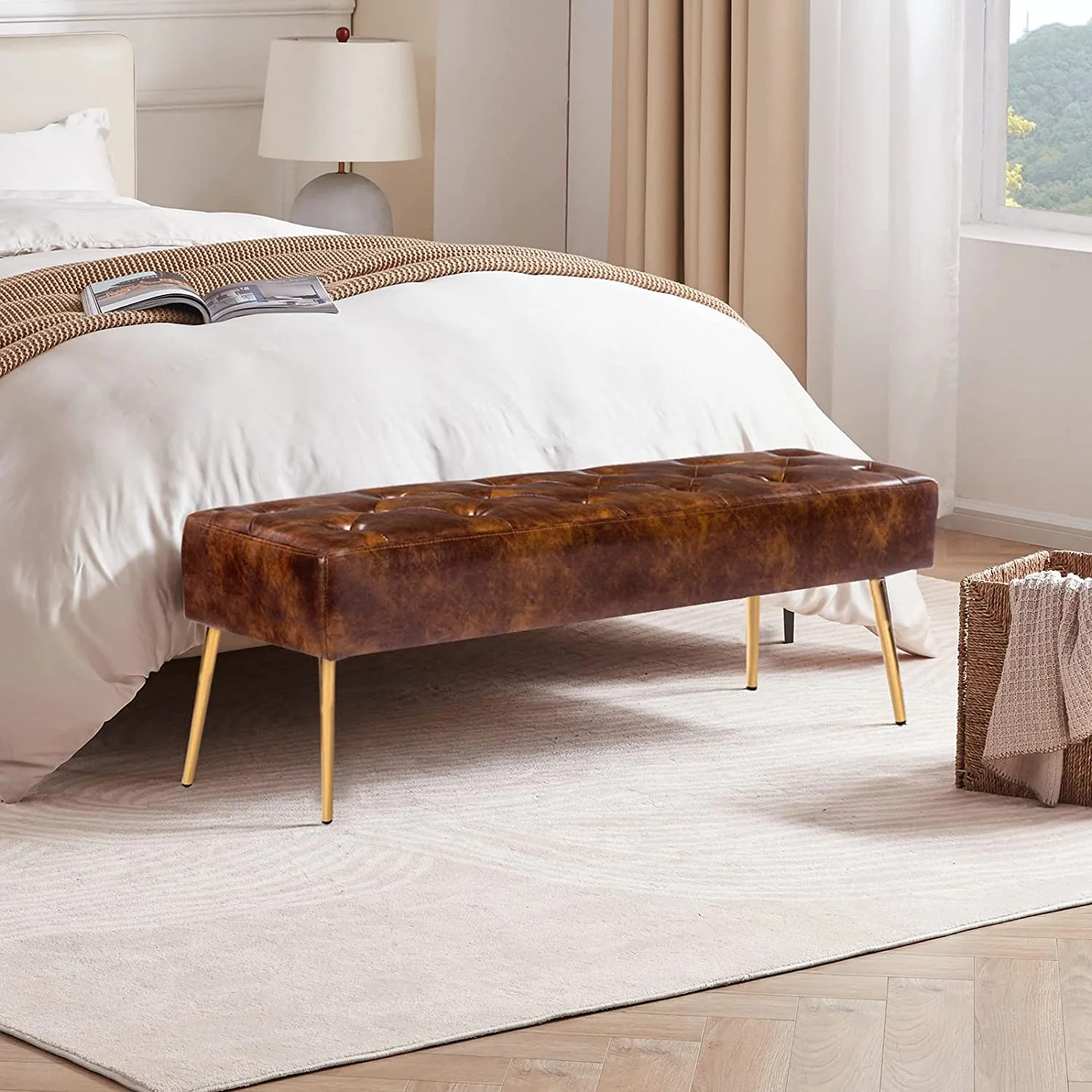 Duhome Bench Faux Leather Upholstered Mid-century Modern Tufted Ottoman Yellowish Brown with Gold... | Walmart (US)