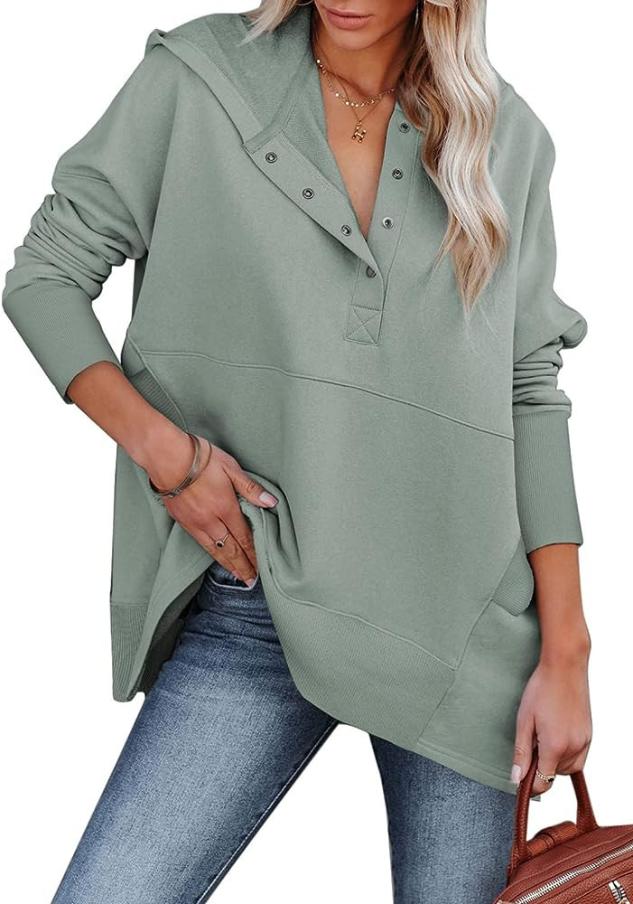 Women Casual Button V Neck Hoodies Oversized Pullover Sweatshirt Hooded Tops with Pockets | Amazon (US)