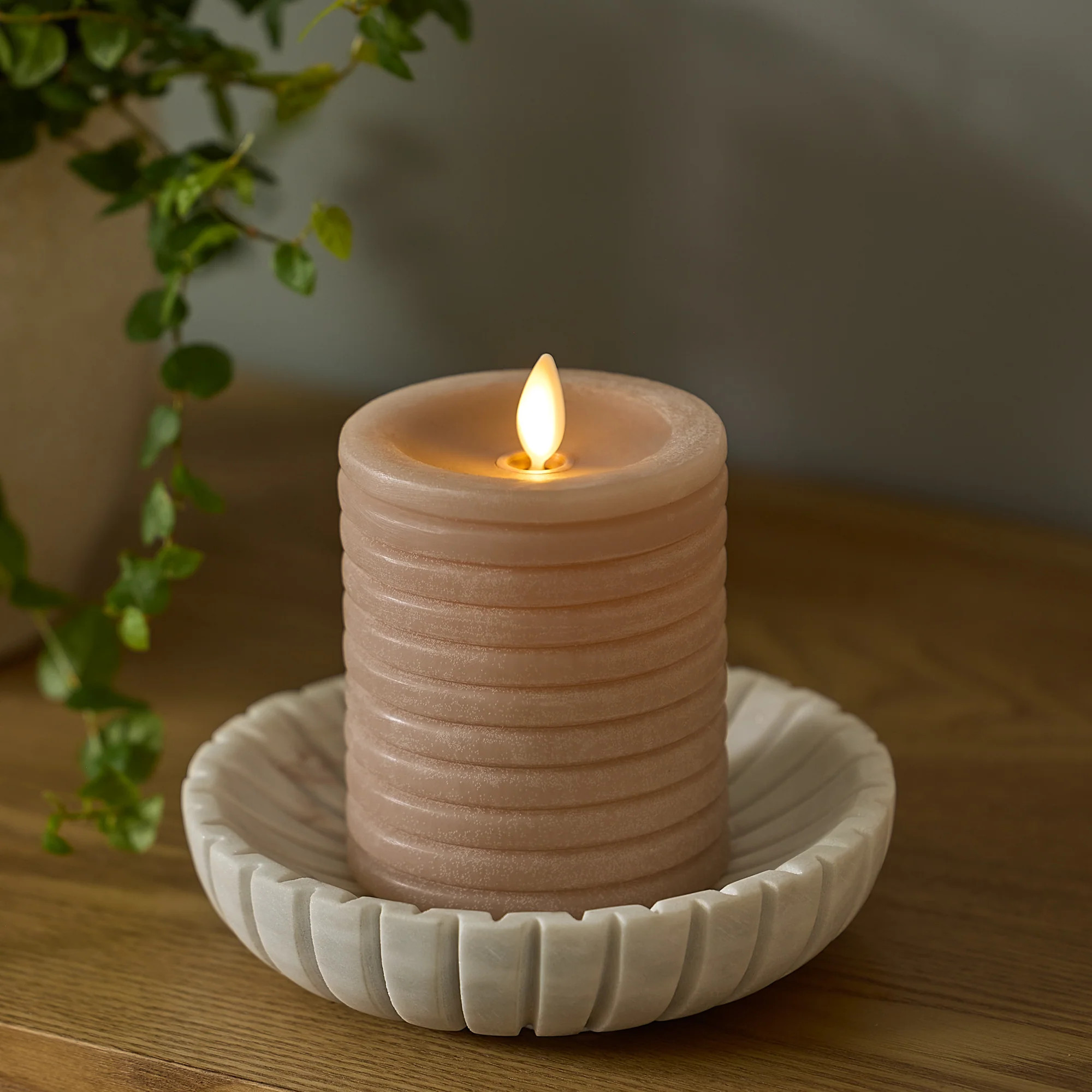 Timeless Taupe Chalky Ribbed Flameless Candle Pillar | Luminara