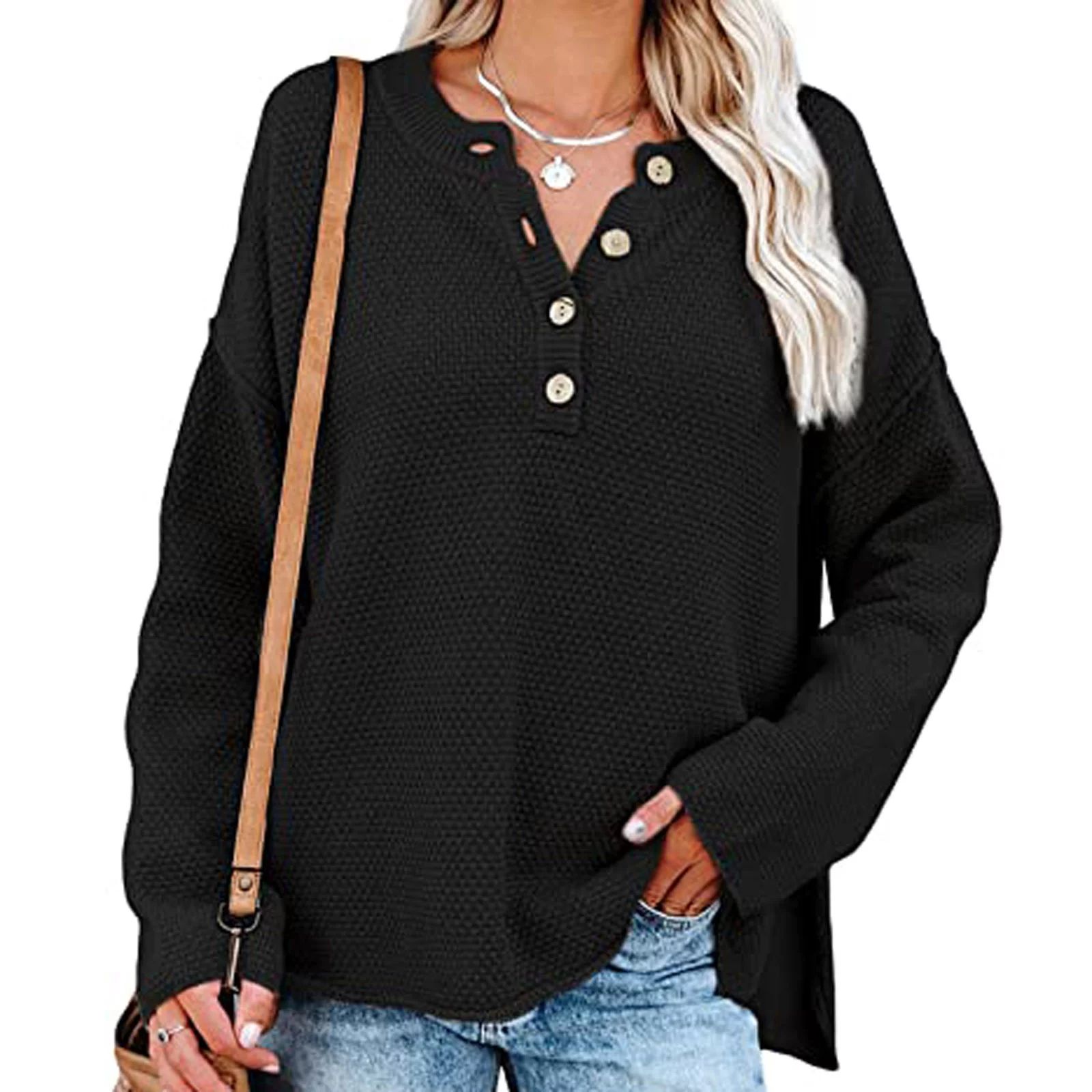 Women's Long Sleeve V Neck Button Knit Fall Pullover Sweaters Casual Jumper Tops | Walmart (US)