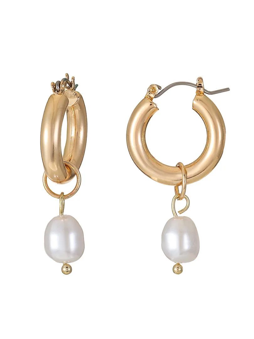 Time and Tru Women's Goldtone Huggie Hoop Earring with Simulated Freshwater Pearl | Walmart (US)