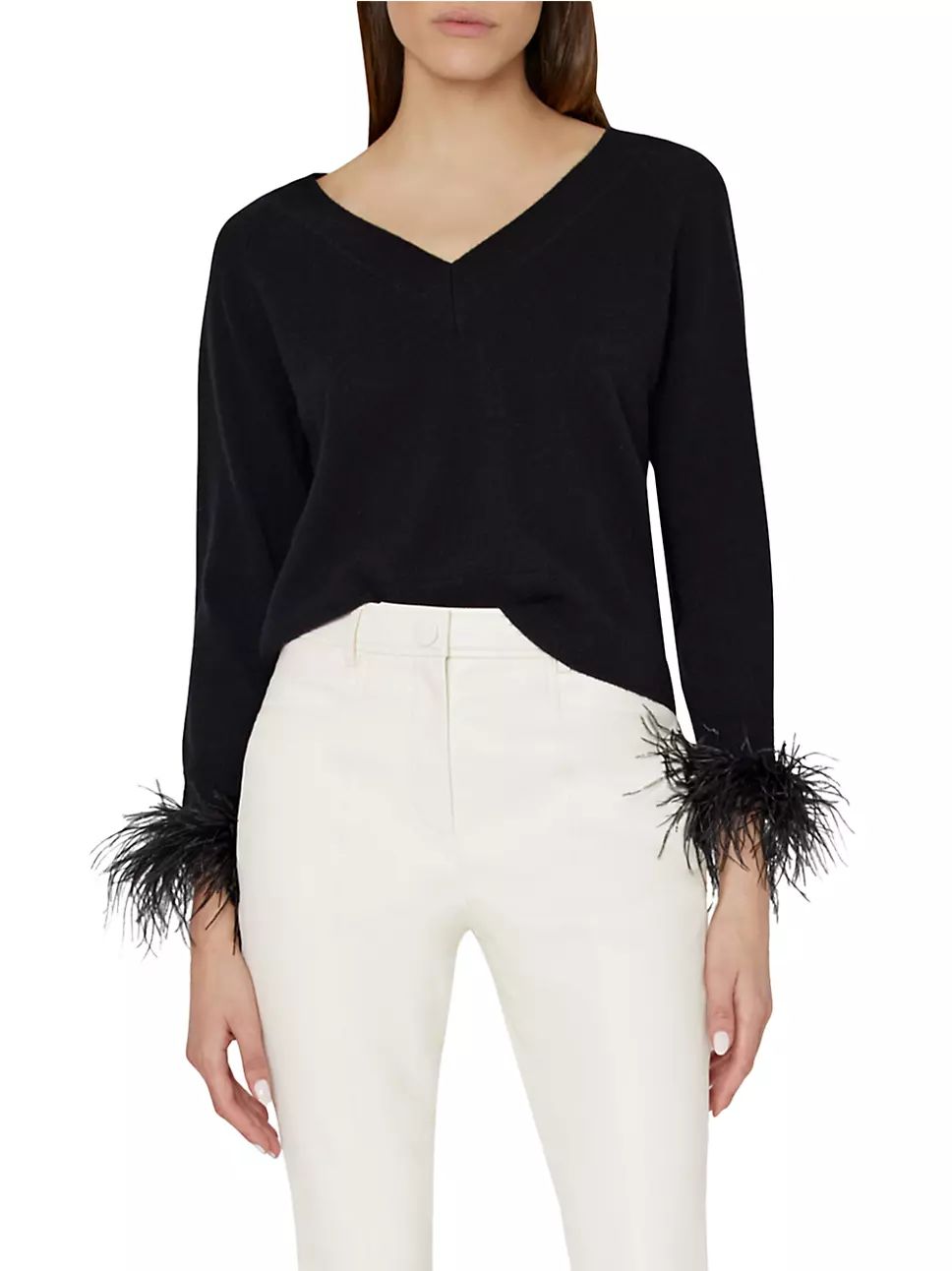 Feather-Embellished V-Neck Sweater | Saks Fifth Avenue