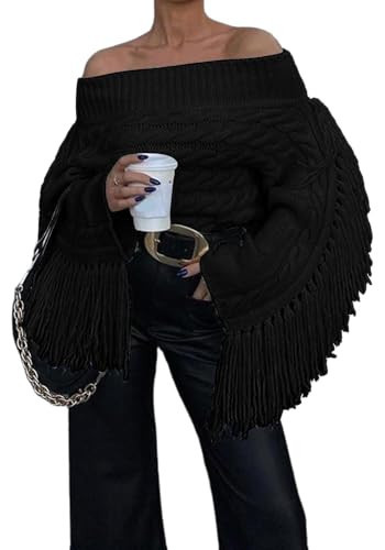 Unybwonn Women's Off The Shoulder Sweater Oversized Batwing Sleeve Loose Pullover Sweaters Tops Knitted Tassel Top Black | Amazon (US)