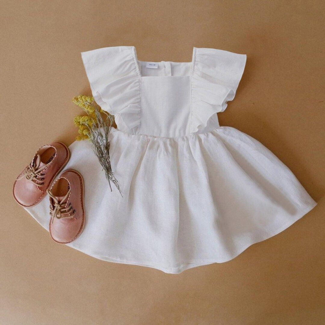 Linen & Cotton Summer Short Sleeves Dress | White Neutral Tones Dresses | Baby Girl Feminine Outf... | Etsy (US)