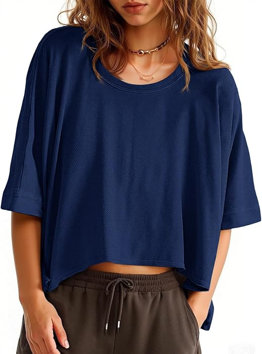 Tankaneo Womens Oversized T-Shirts Cropped Summer Casual Short Sleeve Loose Fit Tee Tops | Amazon (US)