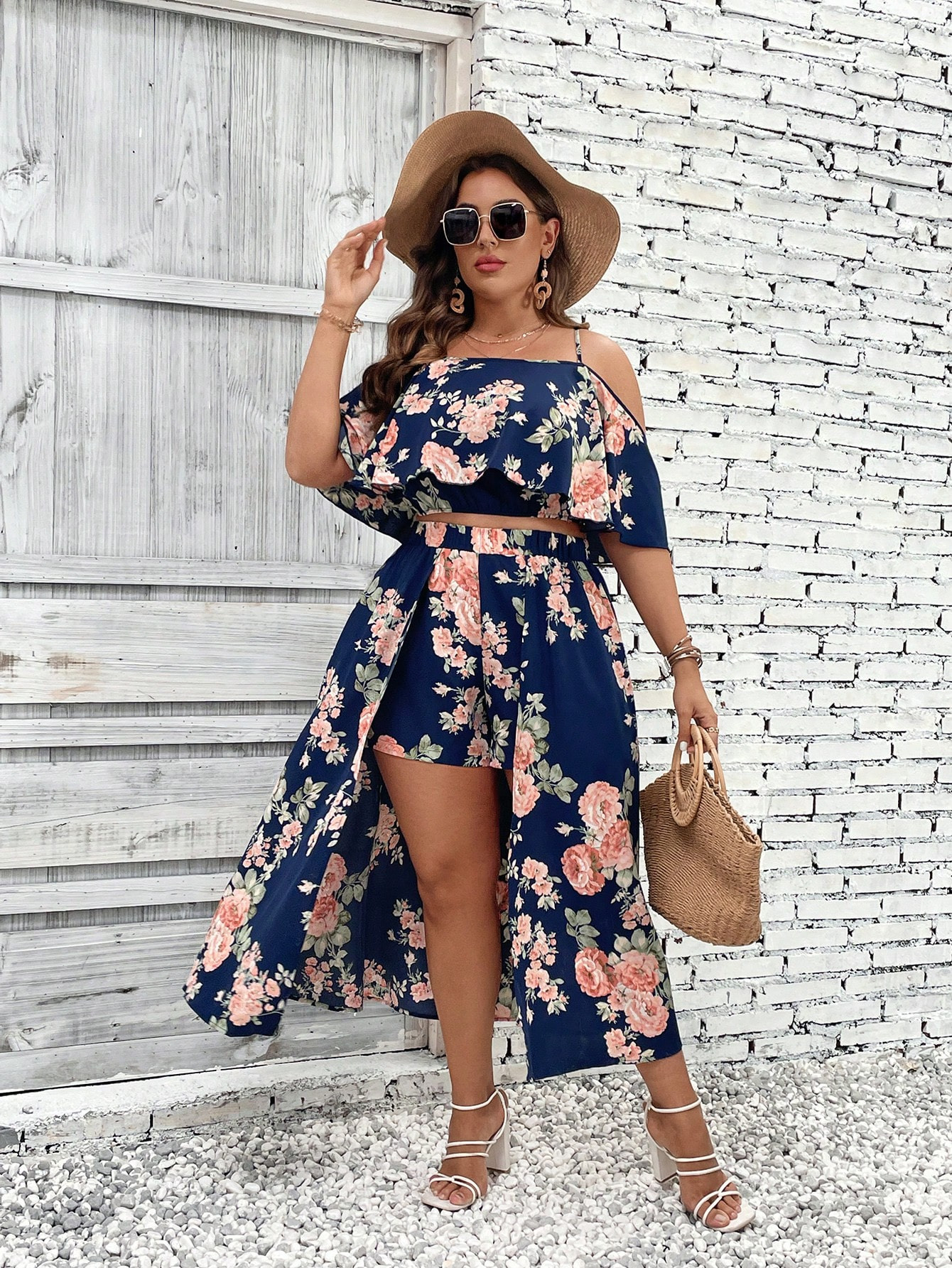 SHEIN VCAY Plus Floral Print Cold Shoulder Top & Shorts | SHEIN