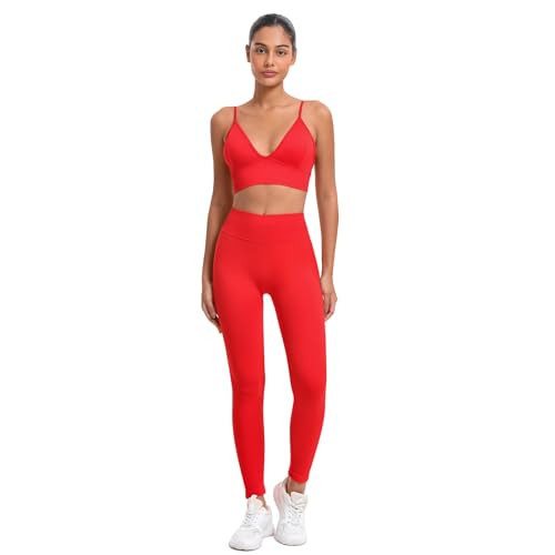 Women 2 Piece Workout Sets Seamless Padded Sports Bra Scrunch Butt Lifting High Waist Leggings Gym Set Yoga Pilates Outfits Athletic Clothing Red M | Amazon (US)