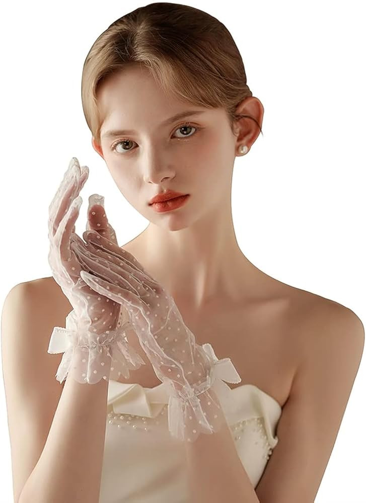 Short Lace Mesh Gloves Tulle Border with Pearls Wedding Opera Tea Party Gloves for Women Formal | Amazon (US)