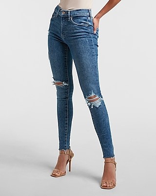 Mid Rise Dark Wash Ripped Raw Hem Skinny Jeans | Express