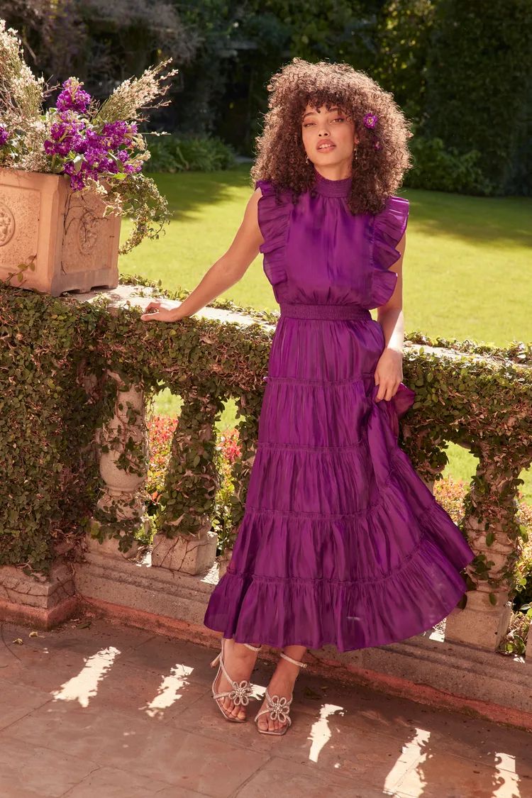 Take a Glance Purple Tiered Mock Neck Midi Dress | Lulus