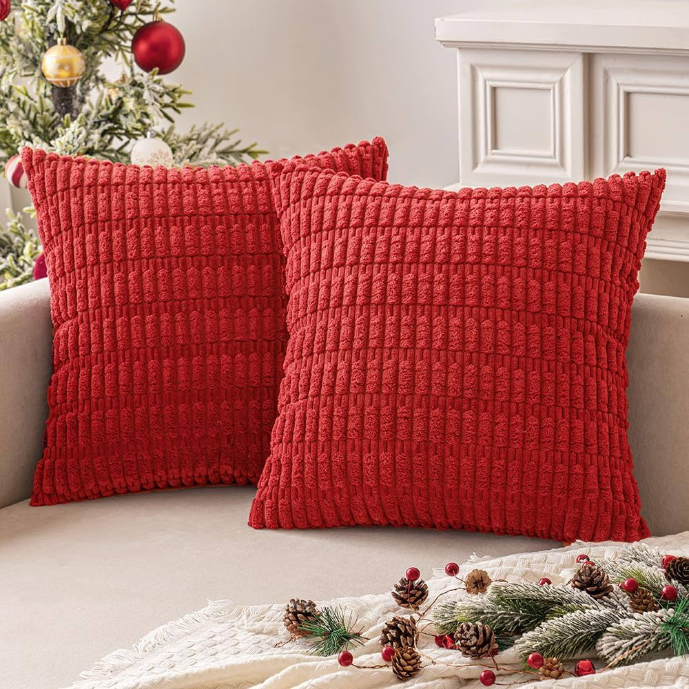 MIULEE Pack of 2 Christmas Red Corduroy Decorative Throw Pillow Covers 18x18 Inch Soft Boho Strip... | Amazon (US)