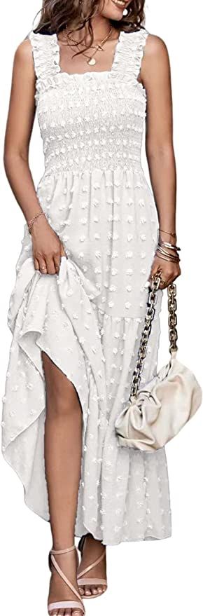 MASCOMODA Womens Boho Sleeveless Smocked Maxi Dress Solid Shoulder Strap Swiss Dot Tank A-Line Sw... | Amazon (US)