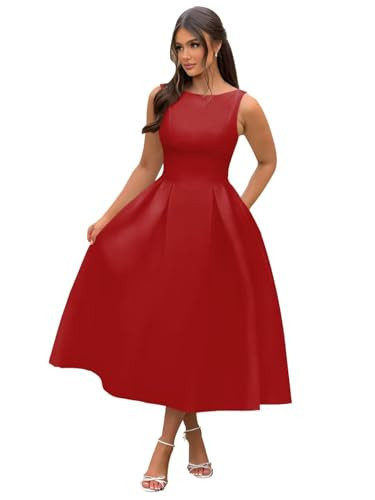 Thinyfull Satin Boat Neck Prom Dress Red Simple Midi Length Sleeveless Pleated A-Line Formal Evening Party Gowns US8 | Amazon (US)