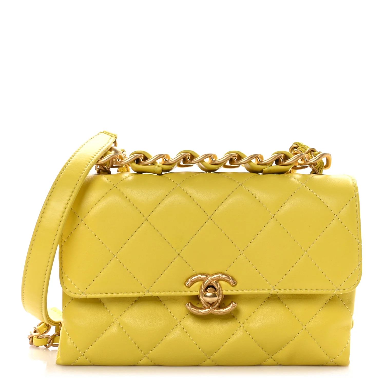 Lambskin Quilted CC Chain Bar Top Handle Flap Yellow | FASHIONPHILE (US)