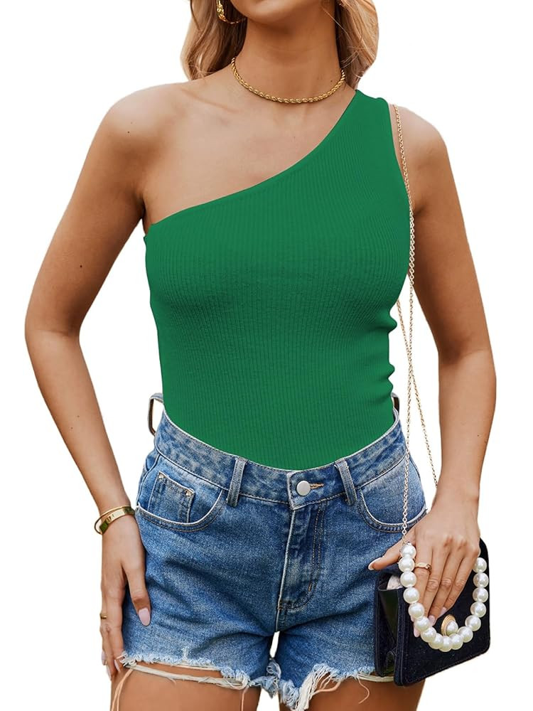 Poetsky Womens One Shoulder Tank Tops Summer Sleeveless Ribbed Knit Shirts Slim Fitted Tee Blouse... | Amazon (US)