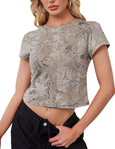Eutten Womens Camo Crop Top Crew Neck Short Sleeve T Shirts Slim Fitted Maple Leaf Print Graphic ... | Amazon (US)