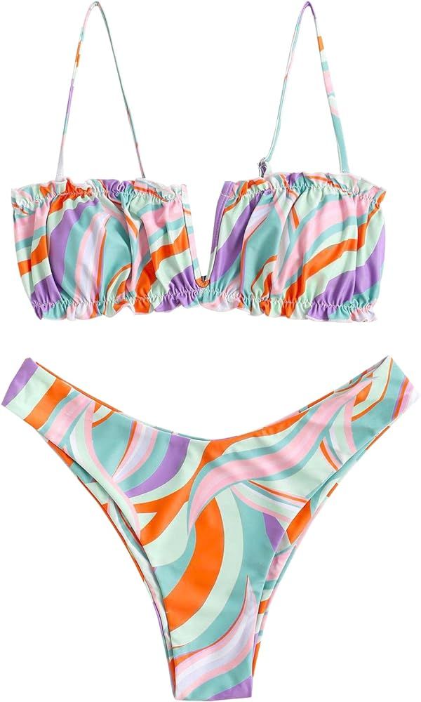 ZAFUL Women's V-Wired Shirred Smocked Ribbed Underwire Bikini Set Ruched High Cut Two Pieces Swimsui | Amazon (US)