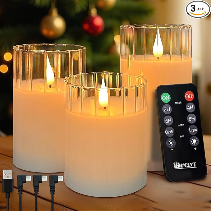 Rechargeable Flameless Glass Pillar Candles – Remote & Timer – Set of 3 White Stripes Realist... | Amazon (US)