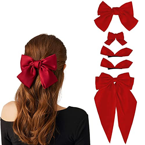 Red Hair Bow - 5PCS Hair Bows for Women Big Red Bow for Hair Oversized Ribbon Bowknot Hairclip Soft Silky Satin Hair Bow Long Tail Hair Bows Clips French Barrette Hair Accessories Gift for Women Girls | Amazon (US)
