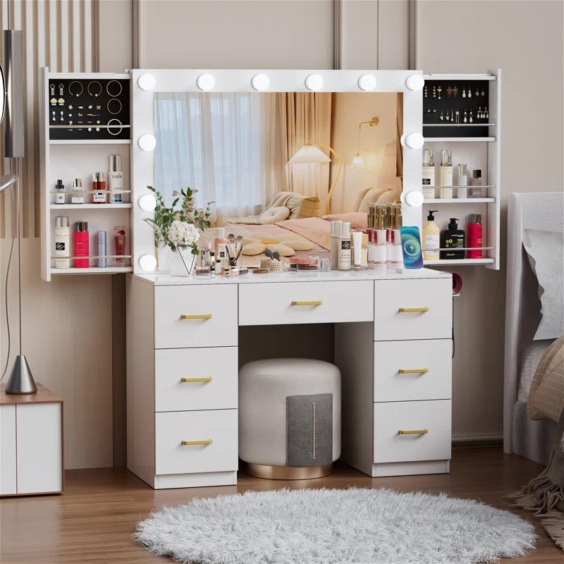 Collibee Makeup Vanity Desk with Lighted Mirror & Power Outlet & 3 Color Modes | Wayfair North America