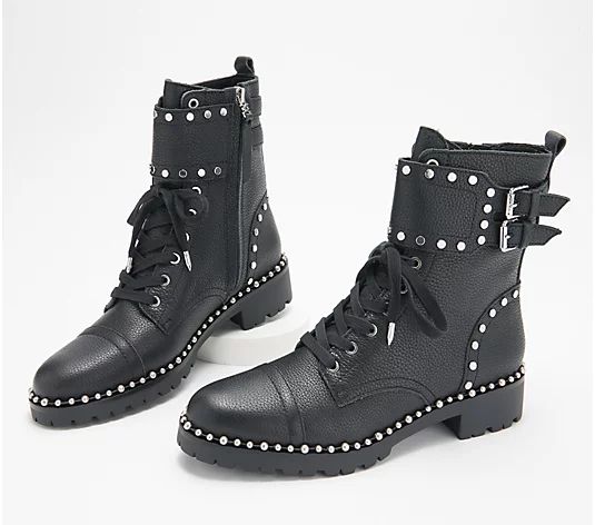 Sam Edelman Leather Studded Lace-Up Ankle Boots - ` Jennifer | QVC