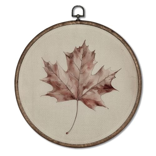 Giosve Vintage Fall Maple Leaf Round Wall Art Canvas Framed Poster, Retro Rustic Autumn Neutral Leaf Hanging Wall Sculptures for Home Living Room Bedroom Decor, 10x10 Inch | Amazon (US)