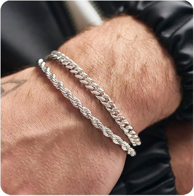 RANKEEF 2 Pcs Chain Bracelet for Men - 925 Sterling Silver Bracelet for Men 7-9inch Figaro Rope C... | Amazon (US)