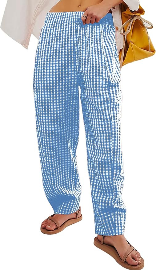 MISSACTIVER Women's Casual Y2K Plaid Pants Mid Rise Wide Leg Trousers Elastic Waist Baggy Loose L... | Amazon (US)