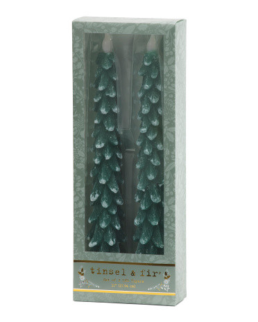 Set Of 2 11in (10.24oz) Led Tree Skinny Tapers With Snow | TJ Maxx