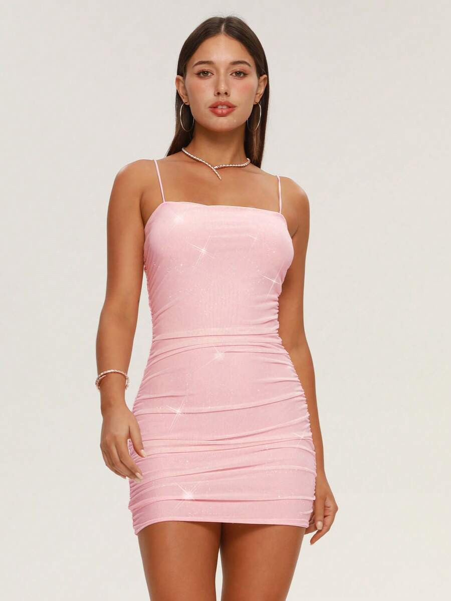 XLLAIS Christmas Ruched Side Glitter Cami Pink Sequins Dress Party Women Clothes Rave Outfit | SHEIN